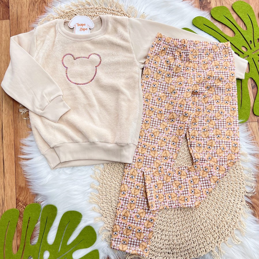 Conj. Casaco de Moletom com Pelinho e Calça Legging Ursinhas - Areia 